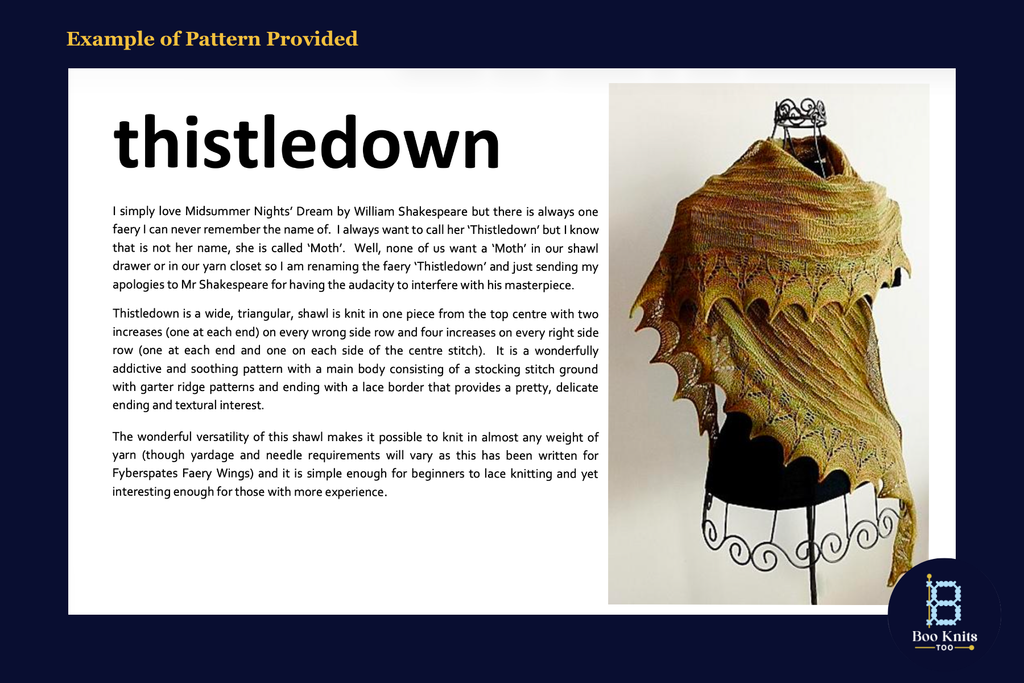 Example of pattern provided, Thistledown knitting pattern.